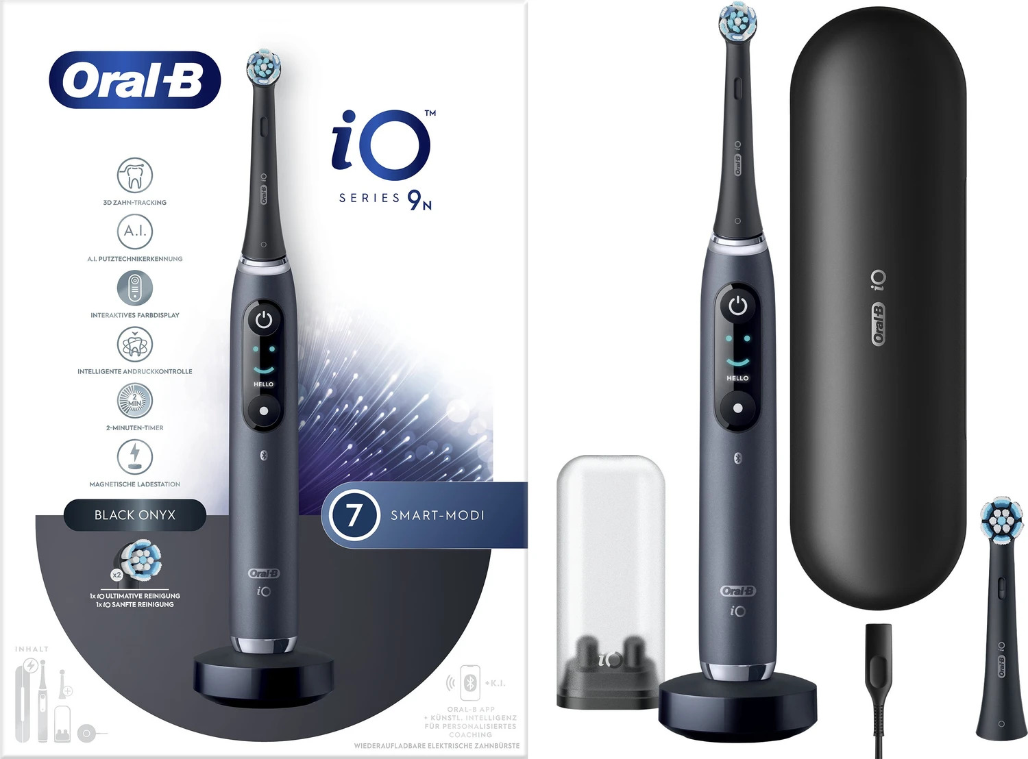 Oral-B iO Series 9N Black Onyx, Elektrische Zahnbürste mit interaktivem Farbdisplay, 7 Putzmodi, KI-Zahn-Tracking, intelligentem Andrucksensor, magnetischem Lade-Reiseetui und Aufsteckbürsten | Zustand: Neu