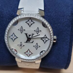Louis Vuitton Tambour Slim Weiß, OVP, Rechnung (8950¬ ), das Zifferblatt hat leichte Risse | Zustand: Sehr Gut
