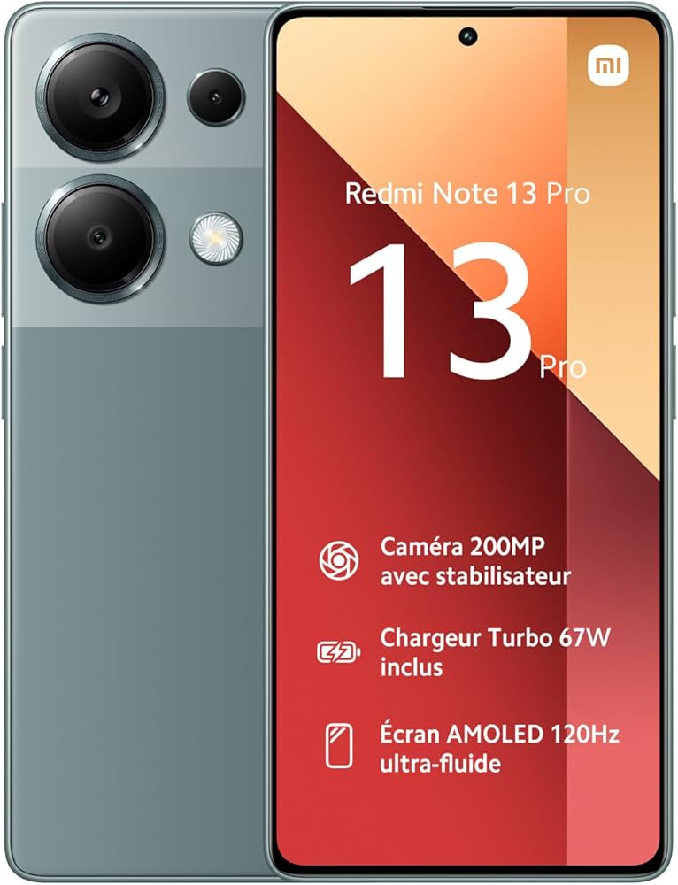 Xiaomi Redmi Note 13 Pro 2023, Smartphone mit 6,67 Zoll AMOLED 120Hz Display, 200 MP Kamera, 512 GB Speicher und 67W Laden. | SimLock: Frei | Zustand: Sehr Gut | Farbe: Olivgrün | Akku: