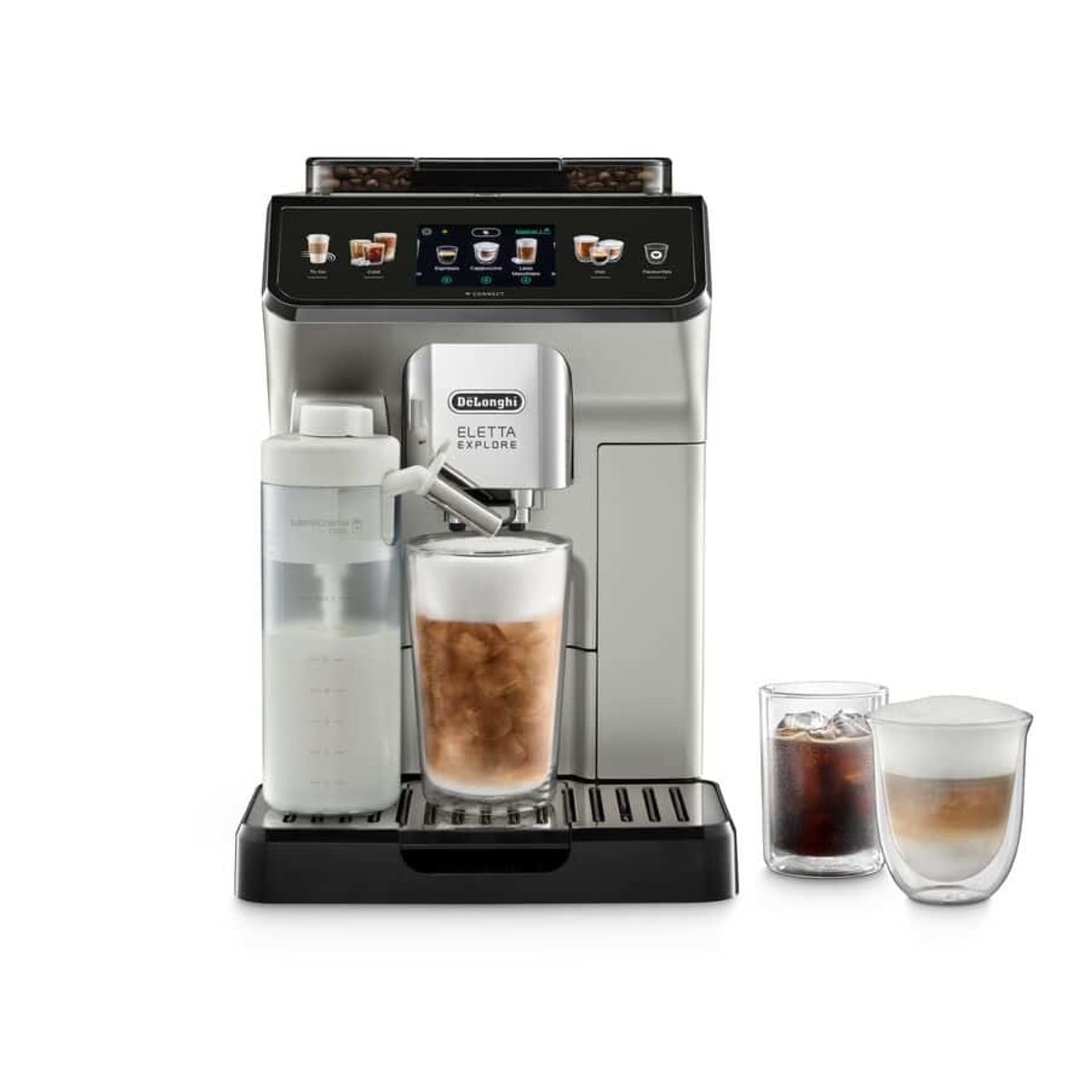 De'Longhi Eletta Explore ECAM450.65.S, Kaffeevollautomat in Silber, 19 bar, mit Cold-Brew-Funktion und zwei Milchsystemen, OVP, ohne Milchreservoir LatteCrema Cool | Zustand: Gut