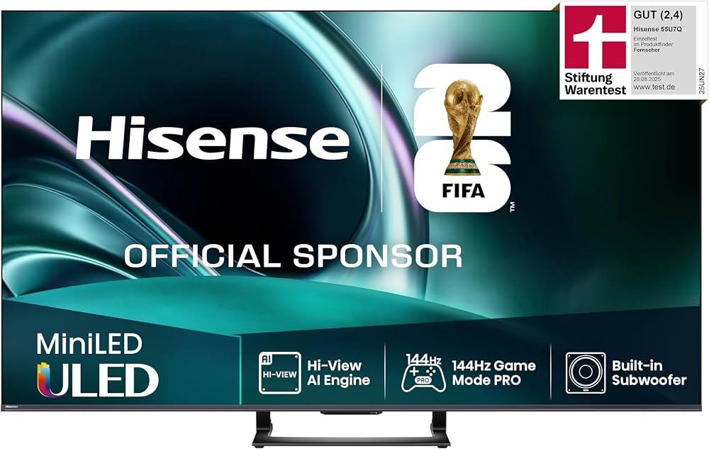 Hisense 55U7Q Pro 2025 Schwarz, ULED Mini-LED TV, 55 Zoll, 4K UHD, 165Hz, Smart TV, OVP mit Fußständer | Zustand: Sehr Gut