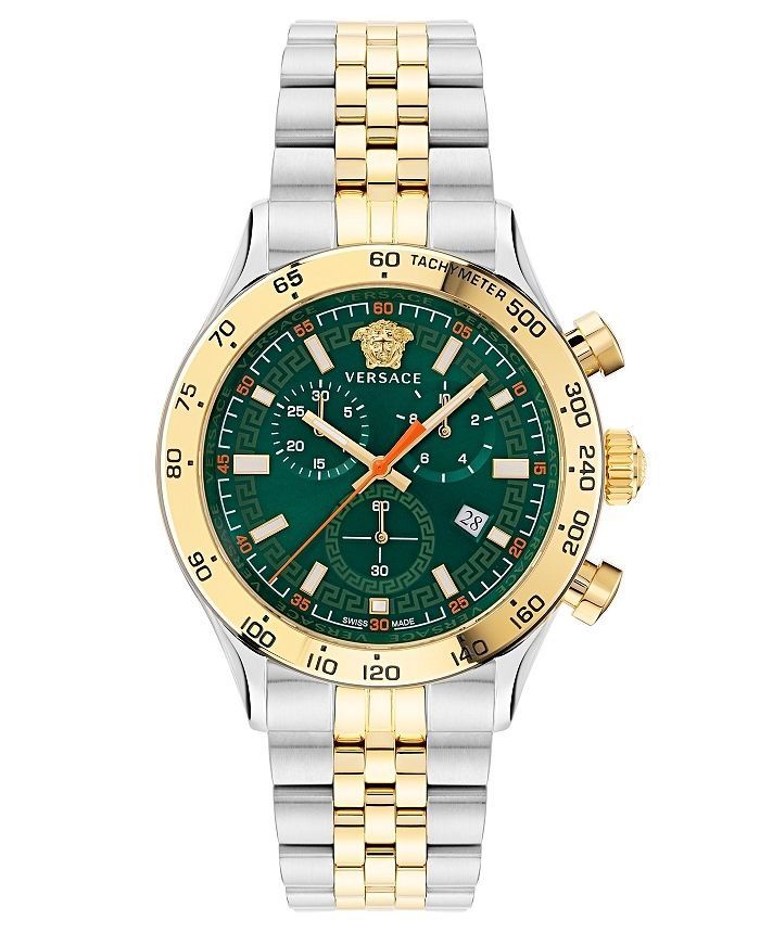 Versace Hellenyium Chrono VE2U00522, Herren-Chronograph, 44mm, Bicolor, Grünes Zifferblatt, Saphirglas, Swiss Quarz, OVP. | Zustand: In Ordnung | Farbe: weiss