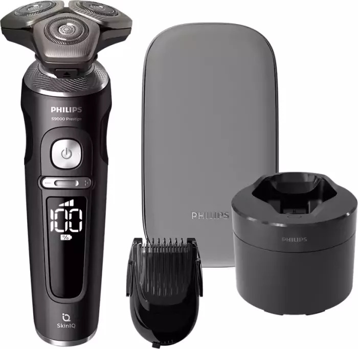 Philips SP9840/31 Series 9000 Prestige Schwarz, Elektrischer Nass- und Trockenrasierer, SkinIQ, mit Reinigungsstation und Etui | Zustand: Neu
