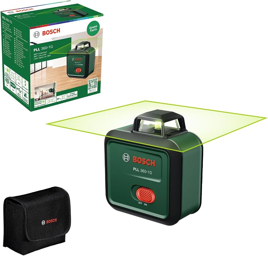 Bosch PLL 360-1G, Grüner 360-Grad-Linienlaser mit Tasche und integriertem Akku, ideal für präzises Ausrichten im Raum | Zustand: Neu