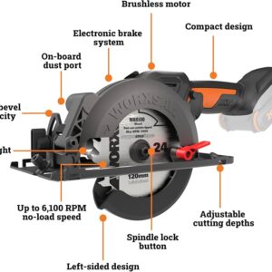 Worx WX531.9 Akku-Handkreissäge, 20V PowerShare, 120 mm Sägeblatt, bürstenloser Motor, kompaktes Design, o. Akku | Zustand: Neu