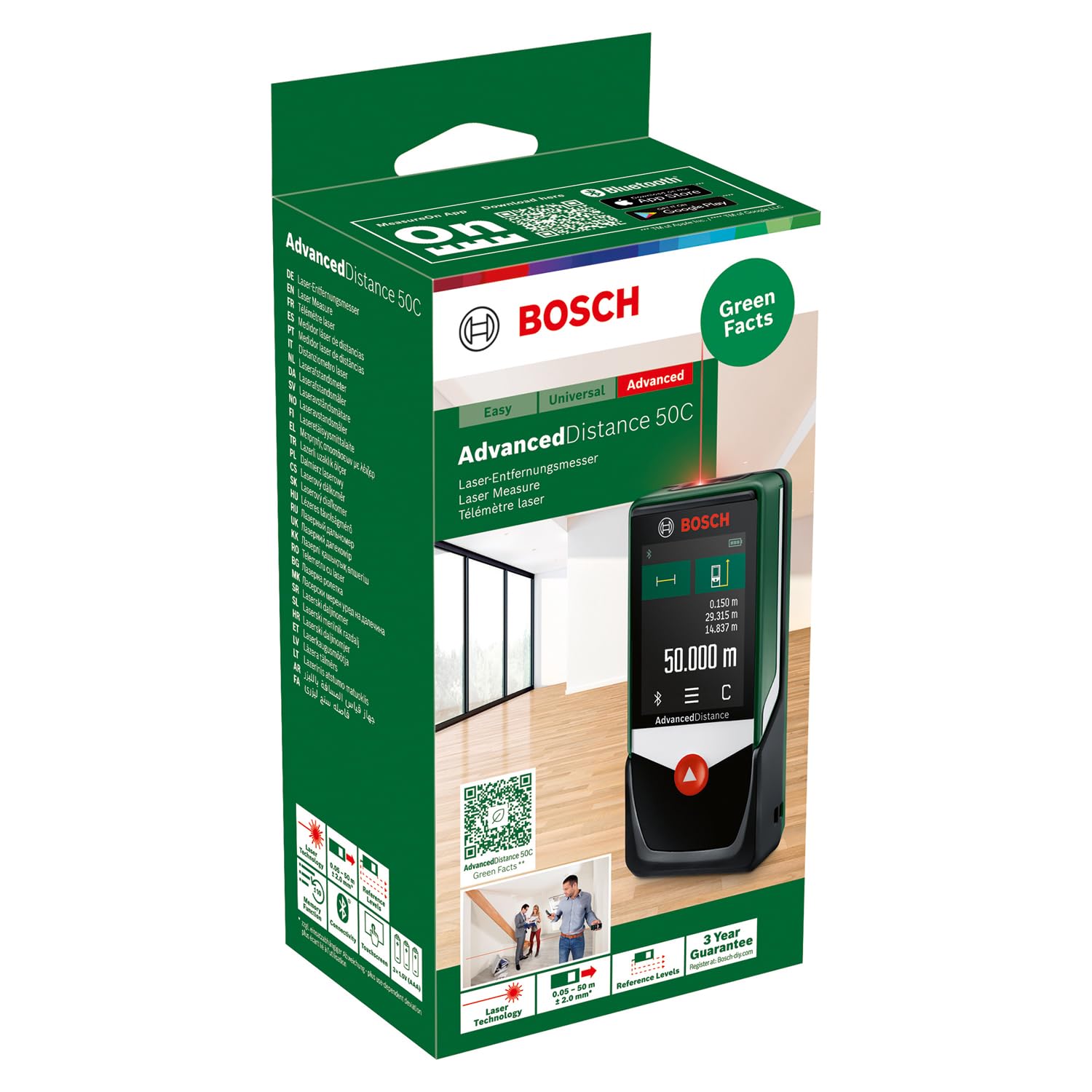 Bosch AdvancedDistance 50C Schwarz Grün, Digitaler Laser-Entfernungsmesser bis 50m, Farb-Touchscreen, Bluetooth und Schutztasche | Zustand: Neu – Bild 2