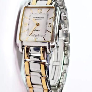 Raymond Weil Saxo 9110 bicolor, Armbanduhr, Quarz, Edelstahl | vergoldet, weißes Zifferblatt, Datumsanzeige, Batterie leer, Schraube fehlt | Zustand: Gut