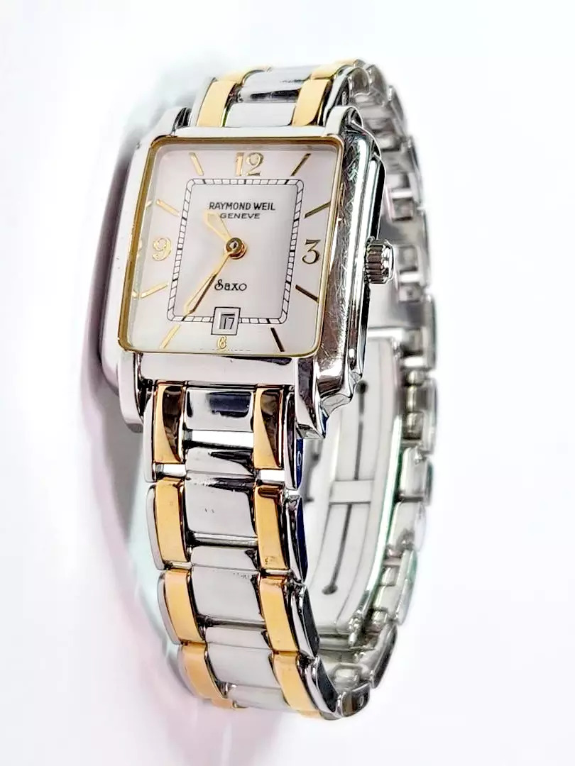 Raymond Weil Saxo 9110 bicolor, Armbanduhr, Quarz, Edelstahl | vergoldet, weißes Zifferblatt, Datumsanzeige, Batterie leer, Schraube fehlt | Zustand: Gut