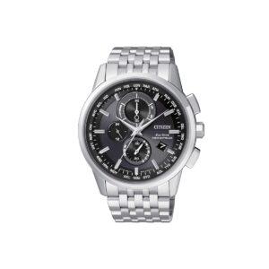 Citizen H804 Eco-Drive Schwarz Silber, Herren-Funkuhr, World Time, Chronograph, EdelstahLadegerätehäuse und -armband, Saphirglas | Zustand: Sehr Gut