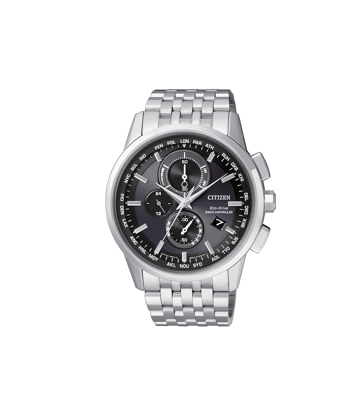 Citizen H804 Eco-Drive Schwarz Silber, Herren-Funkuhr, World Time, Chronograph, EdelstahLadegerätehäuse und -armband, Saphirglas | Zustand: Sehr Gut