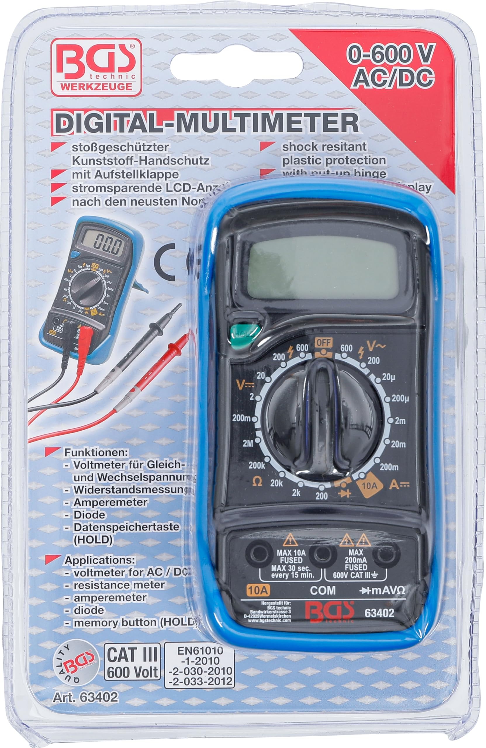 BGS technic Digital-Multimeter 63402, 3 1/2-stelliges Digitalmultimeter, stoßgeschützter Kunststoff-Handschutz, | Zustand: Neu