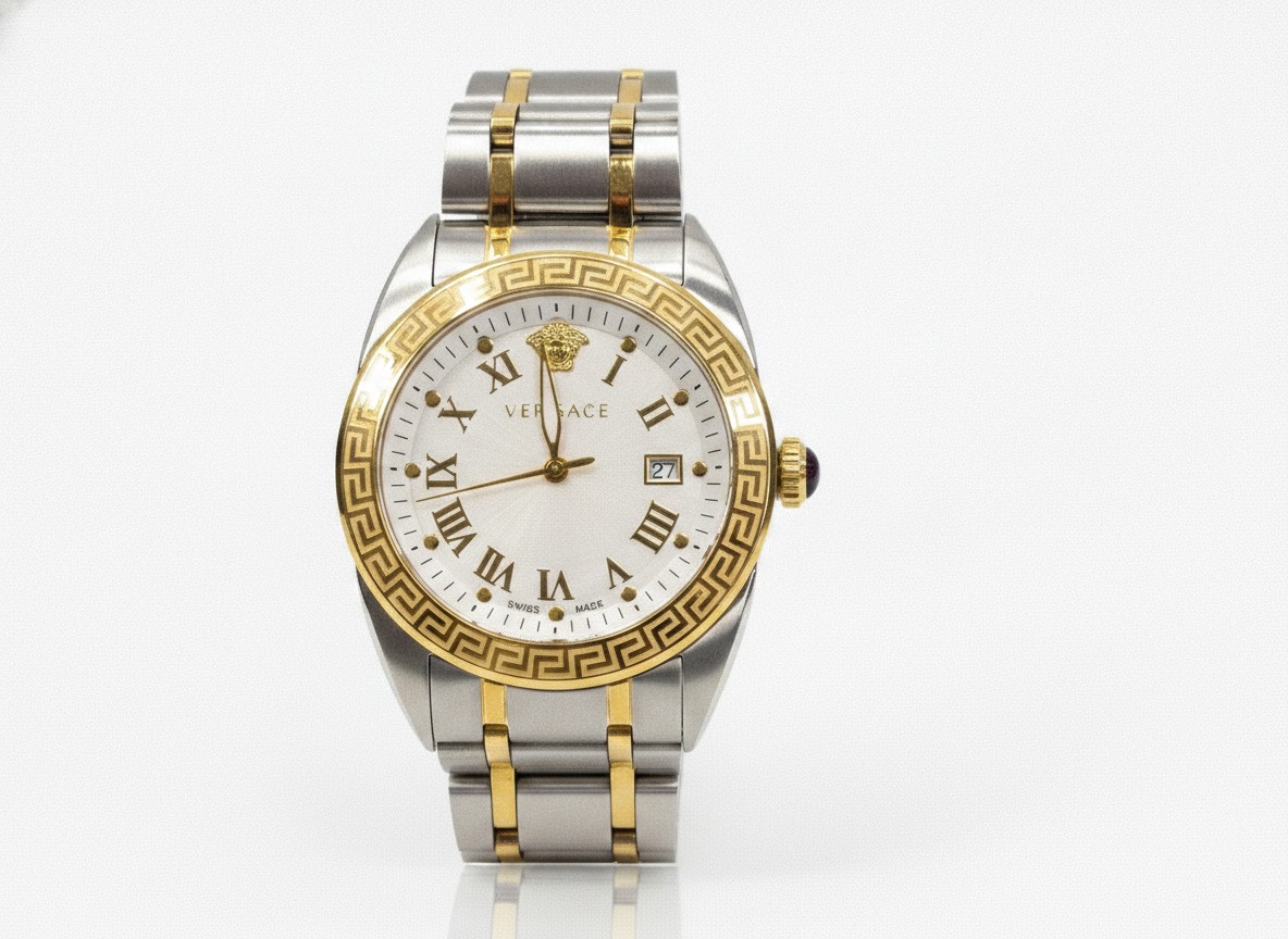 Versace V-Sport II VFE140015 Silber Gold, Herren-Armbanduhr, Quarzwerk, weißes Zifferblatt mit römischen Ziffern, Edelstahl bicolor, ovp | Zustand: Wie Neu