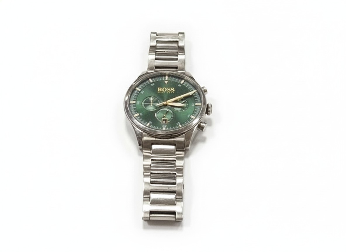 Hugo Boss Admiral Chronograph Silber Grün, Herrenuhr Edelstahl Armband, grünes Zifferblatt, Datumsanzeige, Quoartzuhrwerk, Wasserdicht 5 ATM | Zustand: Gut
