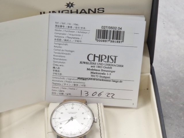 Junghans Max Bill Automatic 027/3502.04 Weiß, Herrenuhr, EdelstahLadegerätehäuse Ø 38 mm, Automatikwerk, braunes Lederarmband, weißes Zifferblatt, mit OVP, Box und Zertifikat | Zustand: Wie Neu – Bild 3