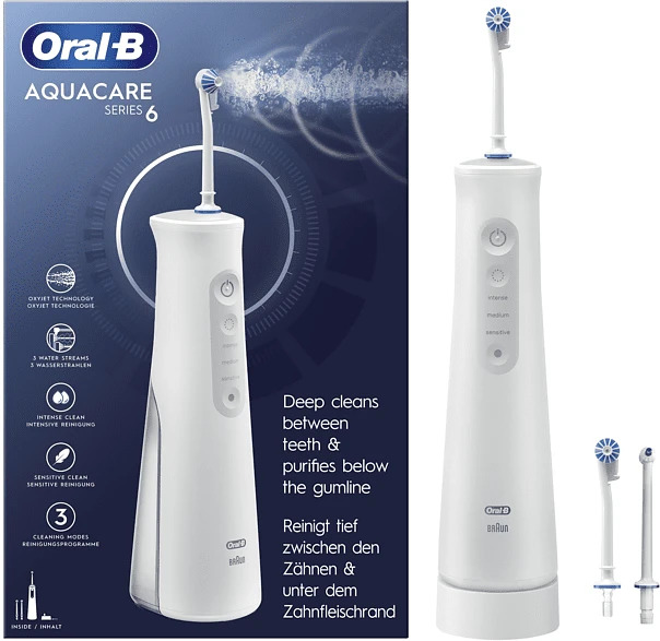 Oral-B AquaCare 6 Weiß, Kabellose Munddusche mit Oxyjet-Technologie, 3 Intensitätsstufen und verstellbarem Wasserstrahl für Zahnzwischenräume | Zustand: Neu