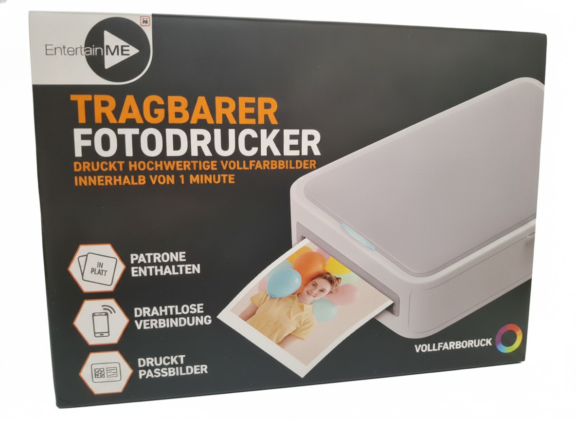 EntertainME Tragbarer Fotodrucker Weiß, Drahtlose Verbindung, druckt hochwertige Vollfarbbilder und Passbilder, Patrone enthalten. | Zustand: Neu