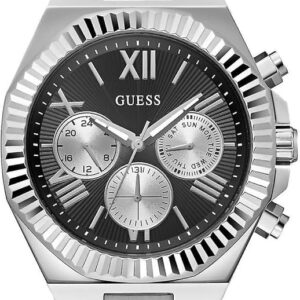 Guess Equity Herrenuhr Silber Schwarz, Multifunktions-Armbanduhr aus Edelstahl mit Quarzwerk, analoger Anzeige und Faltschließe | Zustand: Sehr Gut