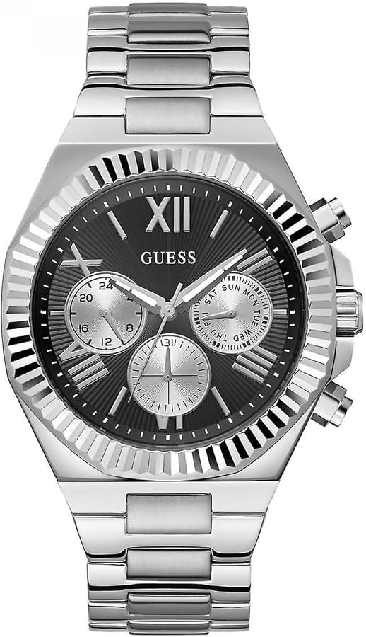 Guess Equity Herrenuhr Silber Schwarz, Multifunktions-Armbanduhr aus Edelstahl mit Quarzwerk, analoger Anzeige und Faltschließe | Zustand: Sehr Gut