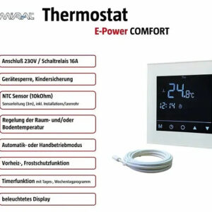 Admiral E-Power Comfort Plus Weiß, Digitales Fußbodenheizungs-Thermostat, programmierbar, mit Touchscreen, 230V, inkl. Fernfühler (3m) | Zustand: Neu