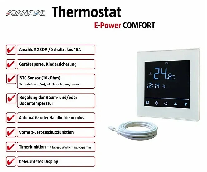 Admiral E-Power Comfort Plus Weiß, Digitales Fußbodenheizungs-Thermostat, programmierbar, mit Touchscreen, 230V, inkl. Fernfühler (3m) | Zustand: Neu