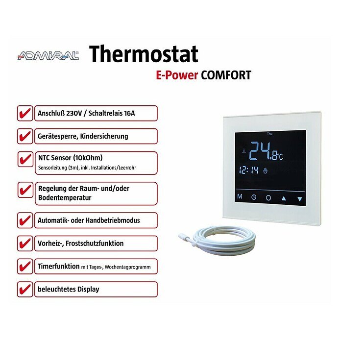 Admiral E-Power Comfort Plus Weiß, Digitales Fußbodenheizungs-Thermostat, programmierbar, mit Touchscreen, 230V, inkl. Fernfühler (3m) | Zustand: Neu – Bild 5