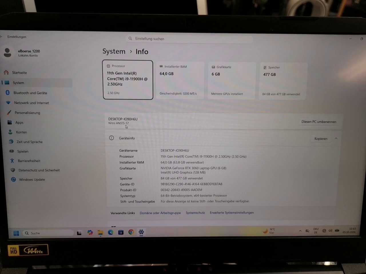 Acer Nitro 5 AN515-57 Schwarz, Intel Core i9-11900H, 64 GB RAM, 512 GB SSD, NVIDIA GeForce RTX 3060, mit Ladegerät, kleine Sprung | Zustand: In Ordnung – Bild 4