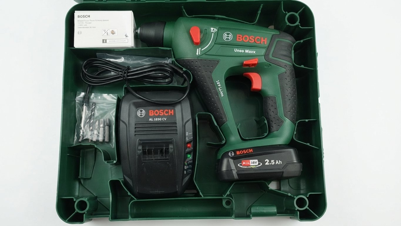 Bosch Uneo Maxx Akku-Bohrhammer, 18V, 2.5 Ah Akku, Ladegerät AL 1830 CV, Koffer, Bits | Zustand: Wie Neu – Bild 2