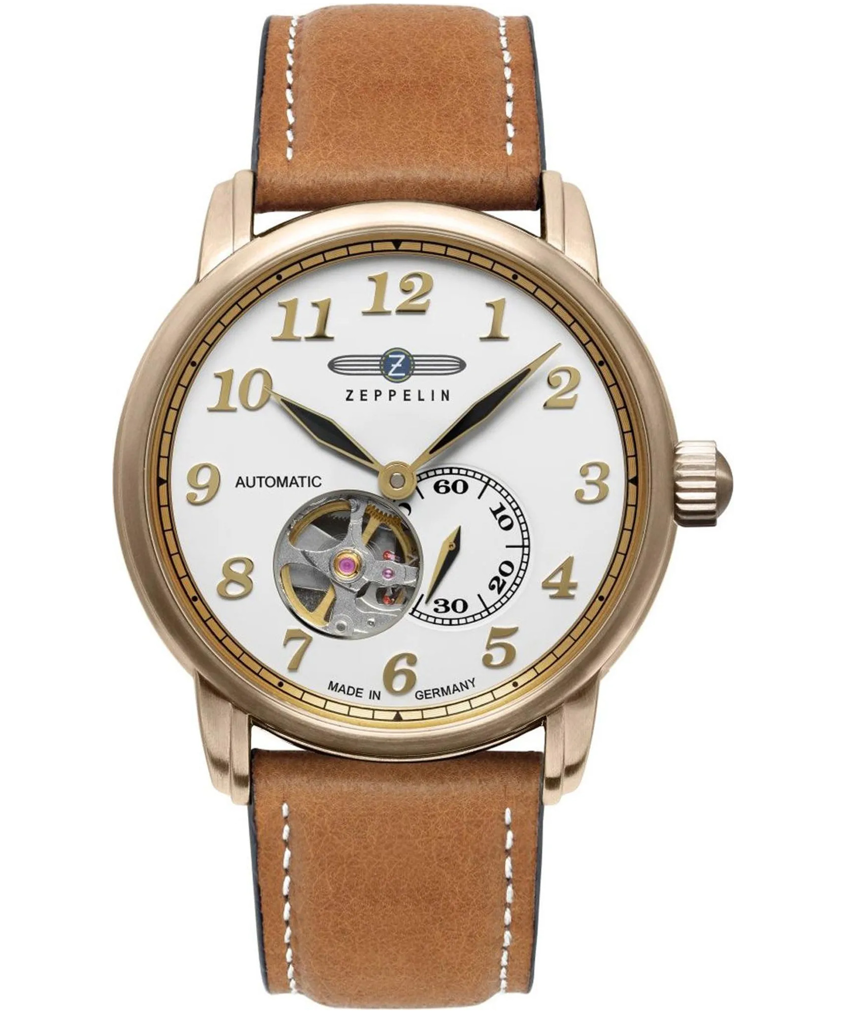 Zeppelin LZ127 7664-1 Roségold Braun, Herren-Automatikuhr Open Heart, weißes Zifferblatt, mit Verpackung und Rechnung vom 05.03.2026 | Zustand: Wie Neu