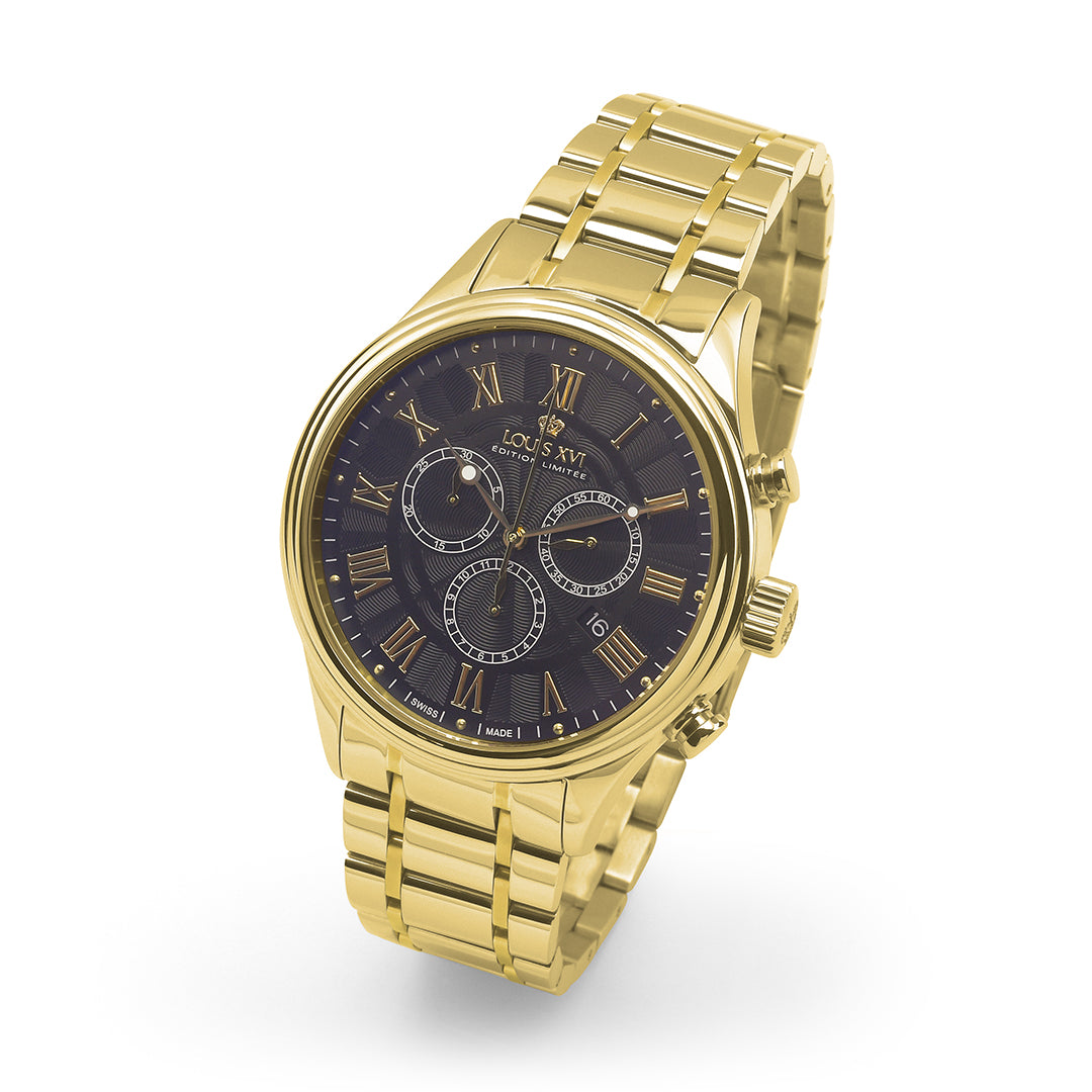 Louis XVI Danton 981 Gold Schwarz, Herrenarmbanduhr, EdelstahLadegerätehäuse, Saphirglas, Chronograph, Datumsanzeige, inkl. Box und Karte | Zustand: Sehr Gut | Farbe: gelb