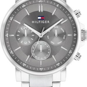 Tommy Hilfiger Chronograph Silber Edelstahl, Elegante Herrenuhr mit silberfarbenem Zifferblatt, arabischen Ziffern und Gliederarmband in OVP | Zustand: Sehr Gut