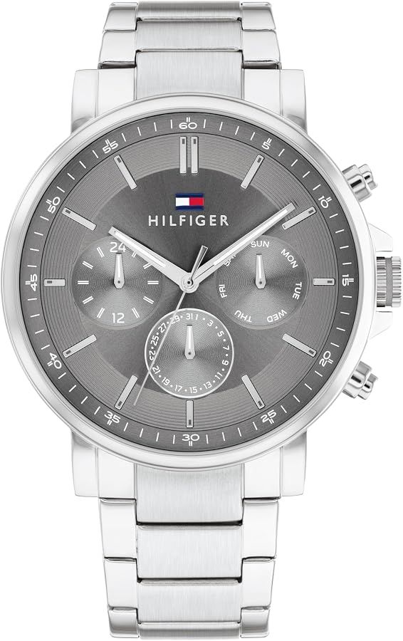 Tommy Hilfiger Chronograph Silber Edelstahl, Elegante Herrenuhr mit silberfarbenem Zifferblatt, arabischen Ziffern und Gliederarmband in OVP | Zustand: Sehr Gut